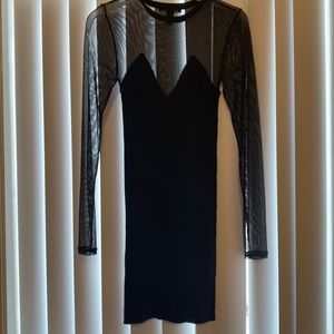 Black ribbed mesh long-sleeved sweater dress